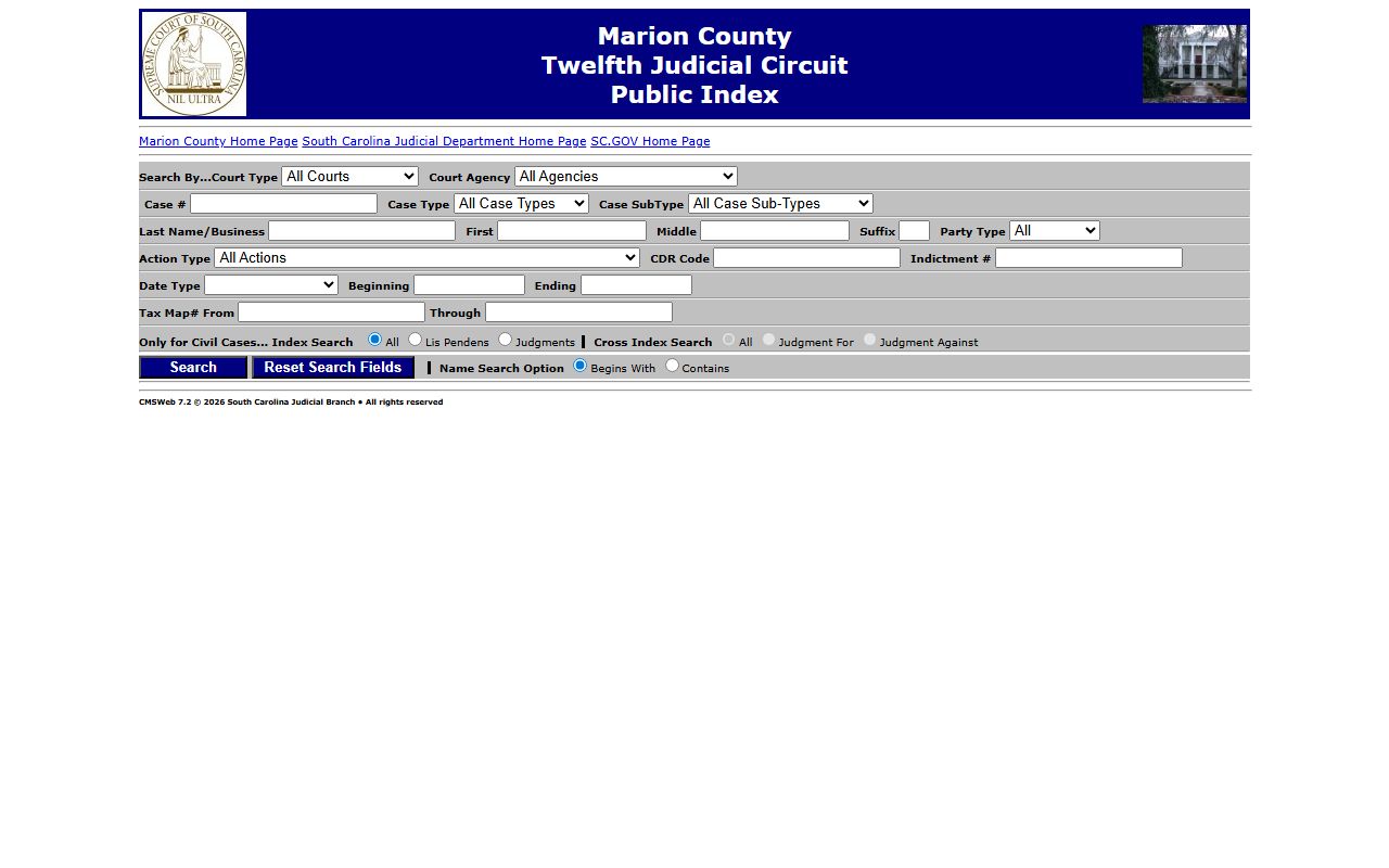 Marion County Public Index court search page